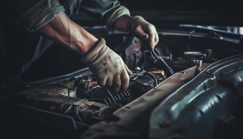 Mechaniker repariert Automotor mit KI-generiertem Schraubenschlüssel