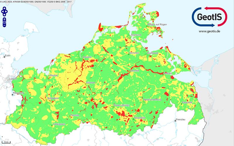 Die erste Übersichtskarte nach Ampelsystem im GeotIS zeigt Potenziale für Erdwärmesonden in Mecklenburg-Vorpommern.