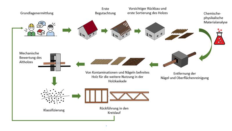 Geplantes Konzept zum Rückbau bestehender Holzkonstruktionen, Oberflächen-Dekontamination und erneuten Verwendung des Altholzes für neue Baukonstruktionen. 