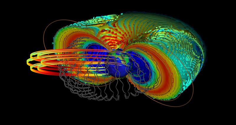 Die Konturen in Farbe zeigen die Intensitäten der donutförmigen Strahlungsgürtel. Die grauen Linien symbolisiseren die Flugbahnen der relativistischen (= nahezu Lichtgeschwindigkeit) Elektronen in den Strahlungsgürteln. 