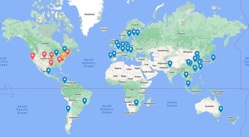 Standorte der weltweit 69 Standard-Referenz-Photometer