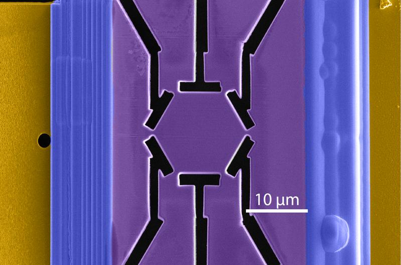 Scanning electron microscope (SEM) image of a hexagonal-shaped microstructure fabricated via focused-ion-beam (FIB) technique. The symmetric nature of the device enables a detailed exploration of electronic symmetry in Kagome metals. 