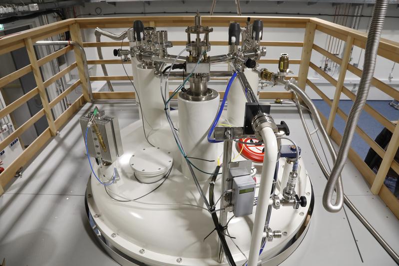 View of the 1.2 gigahertz NMR spectrometer at Goethe University, one of the world's largest research devices of its kind. 
