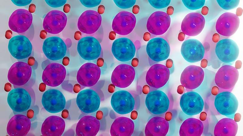 The crystal structure of altermagnetic CrSb: the colored bubbles around the Cr atoms (blue) correspond to iso-spin density surfaces. Their anisotropy enables spin polarized currents.