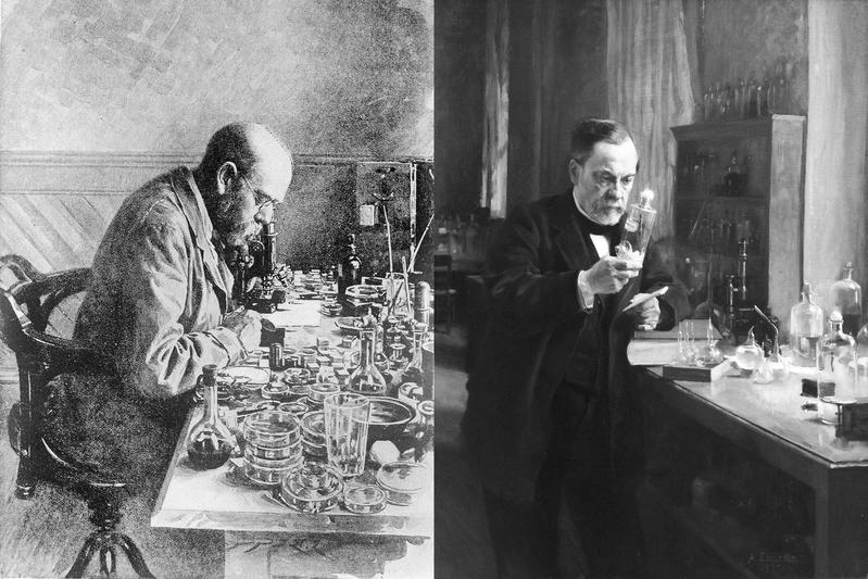 Unter anderem Louis Pasteur (rechts) mit seinen Arbeiten zum Tollwuterreger und Robert Koch, der den Tuberkulose-Erreger identifizierte, gelang es im 19. Jahrhundert, Infektionskrankheiten auf bestimmte mikrobielle Organismen zurückzuführ