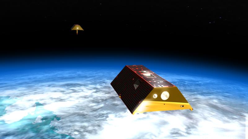 Deutsch-amerikanische Klima- und Umweltmission seit 2002: Das Satellitenduo GRACE umkreiste die Erde von 2002 bis 2017, GRACE-FO (im Bild dargestellt) ist seit 2018 im All. GRACE-C soll voraussichtlich 2028 starten und das Schwerefeld der Erde vermessen.