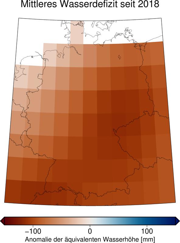 Mittleres Wasserdefizit in Deutschland über alle Monate seit 2018. Referenzwert ist für jeden Monat der Durchschnitt über alle jeweiligen Monate seit Beginn der GRACE-Messungen 2002. 