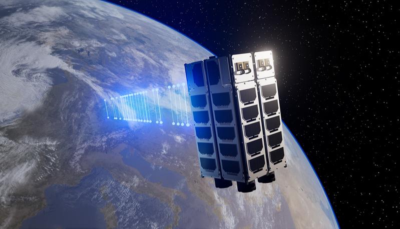 Visualisierung eines CubeSat mit einer Quantenschlüsselübertragung zwischen  Jena und München. 