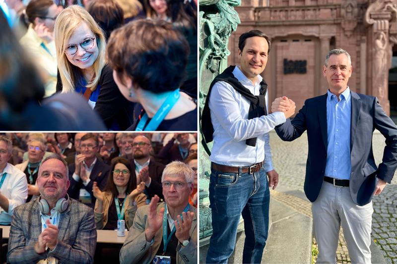 Gut gelaunt und sehr zufrieden (v. l.): Teilnehmerinnen und Teilnehmer des Pneumologie-Kongresses sowie die beiden  Kongresspräsidenten Dr. Hubert Schädler und Professor Michael Kreuter vor dem Congress Center Rosengarten in Mannheim.