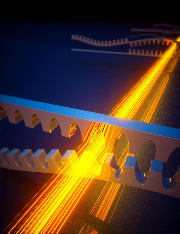 Künstlerische Darstellung der bosonischen Kitaev-Kette: Mehrere mechanische Saitenresonatoren werden mit Hilfe von Licht zu einer Kette verbunden. Mechanische Schwingungen (Schallwellen) werden entlang der Kette transportiert und verstärkt. 