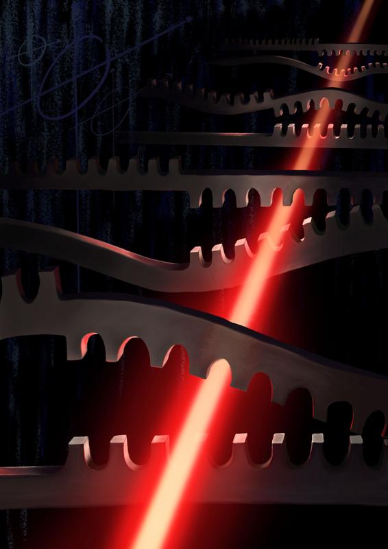 Künstlerische Darstellung der bosonischen Kitaev-Kette: Mehrere mechanische Saitenresonatoren werden mit Hilfe von Licht zu einer Kette verbunden. Mechanische Schwingungen (Schallwellen) werden entlang der Kette transportiert und verstärkt. 