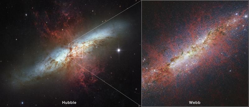 Die Starburst-Galaxie M 82, aufgenommen von den Weltraumteleskopen Hubble und Webb.