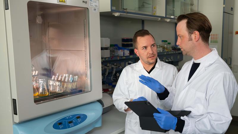Studienleiter Prof. Dr. Kai Papenfort (r.), Professor für Allgemeine Mikrobiologie, und Erstautor Dr. Marcel Sprenger im Gespräch vor einem Inkubator mit Bakterienkulturen.