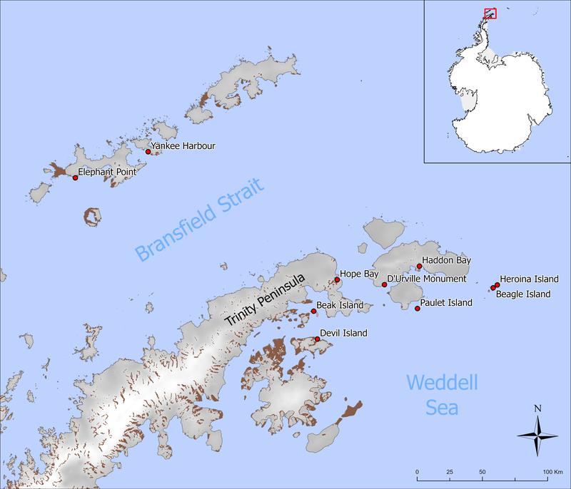 Während der Expedition besuchte Orte in der Antarktis