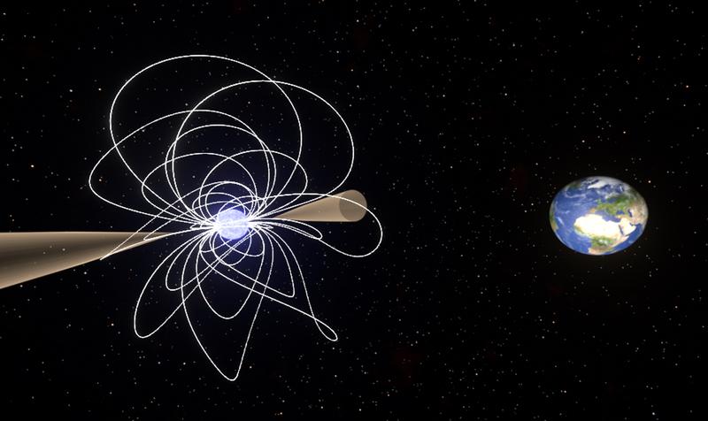 Künstlerische Darstellung eines präzedierenden Magnetars mit verdrilltem Magnetfeld, dessen Radiostrahl auf die Erde gerichtet ist.
