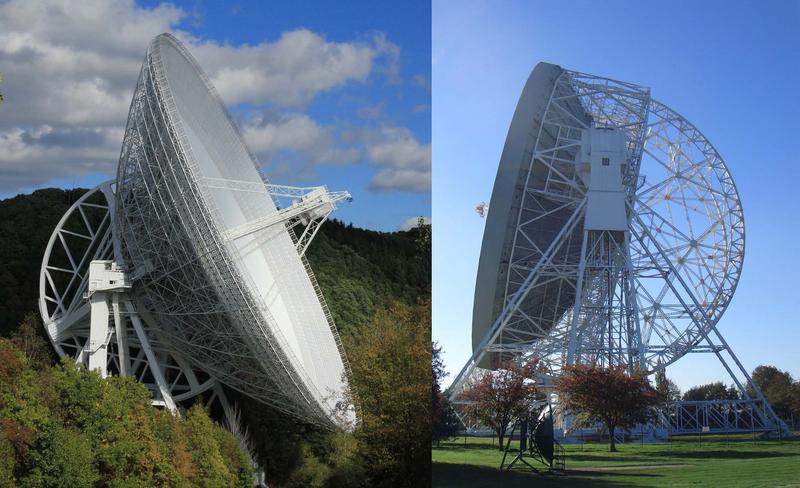 Die beiden Radioteleskope, mit denen die Beobachtungen für die vorliegende Veröffentlichung durchgeführt wurden: 100-m-Radioteleskop Effelsberg (links) und Lovell 76-m-Lovell-Teleskop bei Jodrell Bank (rechts). 