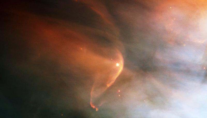 Infrarotbild der Schockwelle (roter Bogen), die von dem massereichen Riesenstern Zeta Ophiuchi in einer interstellaren Staubwolke erzeugt wird. Die schwachen Winde von sonnenähnlichen Hauptreihensternen sind viel schwieriger zu beobachten