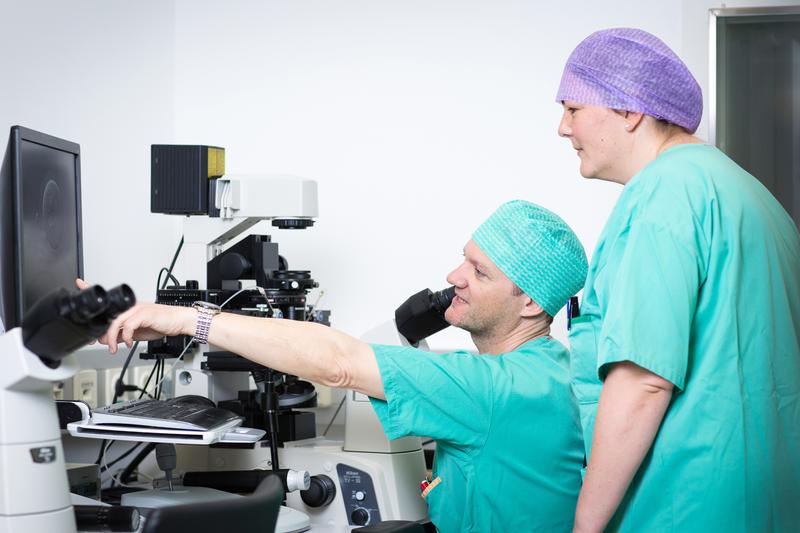 Mitarbeiter des IVF-Labors an der Univ.-Klinik für Gynäkologische Endokrinologie und Reproduktionsmedizin vor einem Mikroskop. (MUI/F. Lechner)