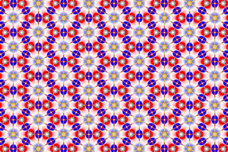 Magnetization density change of the non-van der Waals 2D material CdTiO3 upon hydrogenation with its passivated atomic structure superimposed onto it. Red regions indicate an enhancement of the magnetization whereas blue areas signal a related reduction.