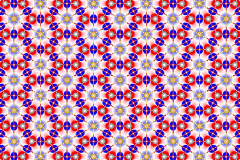 Magnetization density change of the non-van der Waals 2D material CdTiO3 upon hydrogenation with its passivated atomic structure superimposed onto it. Red regions indicate an enhancement of the magnetization whereas blue areas signal a related reduction.