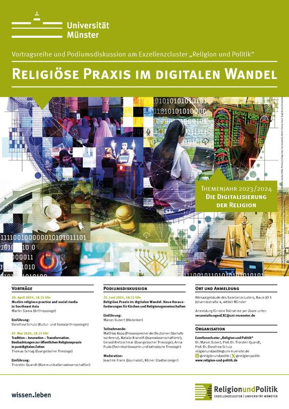 Plakat zur Podiums- und Vortragsreihe „Religiöse Praxis im digitalen Wandel“ 