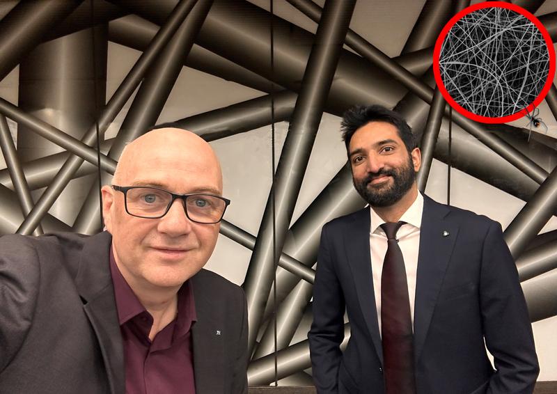Günther Rupprechter und Qaisar Maqbool vor einer Visualisierung der Nano-Gewebe