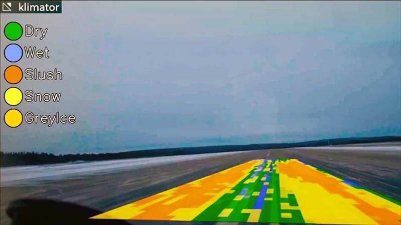Image from the camera measurement where colors indicate whether the runway surface is dry, wet, consists of slush, snow, or ice. 