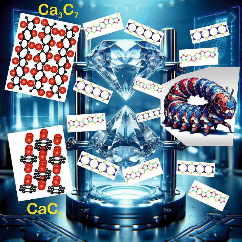 Die neuartigen Carbide CaC2 und Ca3C7 mit deprotonierten Nanobänder wurden bei hohen Drücken und Temperaturen in einer Diamantstempelzelle synthetisiert. Sie könnten als Quelle für Kolenwasserstoffe dienen, symbolisch durch ein KI-generertes Wesen rechts.