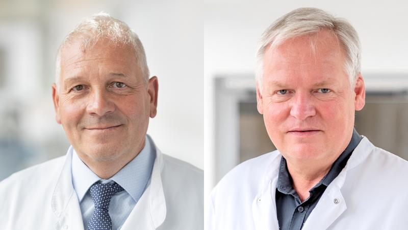 Prof. Matthias Steinert, Leiter der Thoraxchirurgie am Universitätsklinikum Leipzig, (li.) und PD Dr. Kay Kohlhaw. Leiter der Allgemeinchirurgie am Sana Klinikum Leipziger Land, kooperieren erfolgreich bei der Behandlung von Tumorpatient:innen.