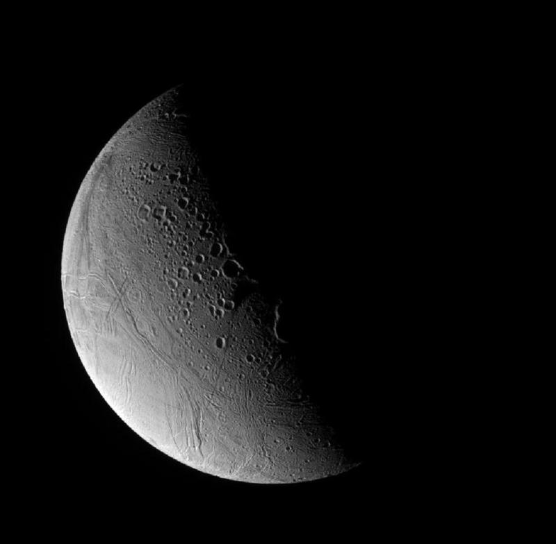 Enceladus - Saturn's icy moon - photographed from a distance of 141,000 kilometers by the Cassini space probe.