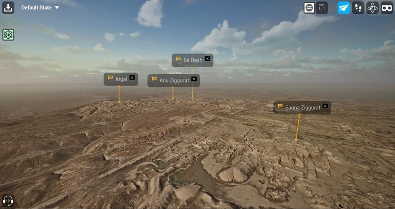 Ein Rendering des digitalen Zwillings der archäologischen Landschaft von Uruk-Warka, Irak (Uruk-VR), das das Zentrum der antiken Stadt inkl. Indikatoren einzelner Teilbereiche zeigt.