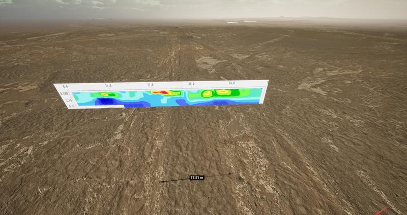 Rendering der aktuellen Version von Uruk-VR mit dem Landschaftsmodell, das einen alten Fluss zeigt, und den ERT-Ergebnissen, die unterirdische Schichten zeigen. 