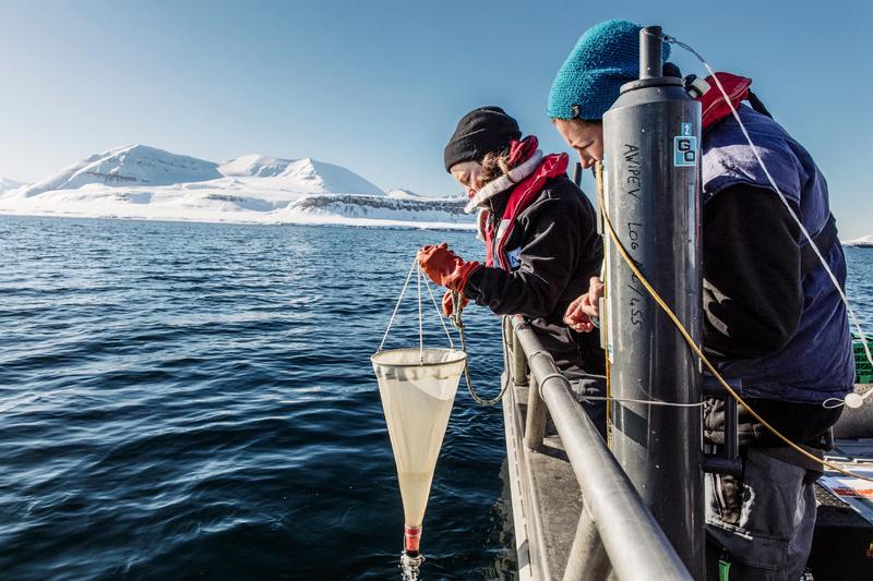 AWI-Biologin Dr. Clara Hoppe (rechts) und Doktorandin Klara Wolf nehmen Algenproben aus dem Kongsfjord, Spitzbergen, Arktis.  