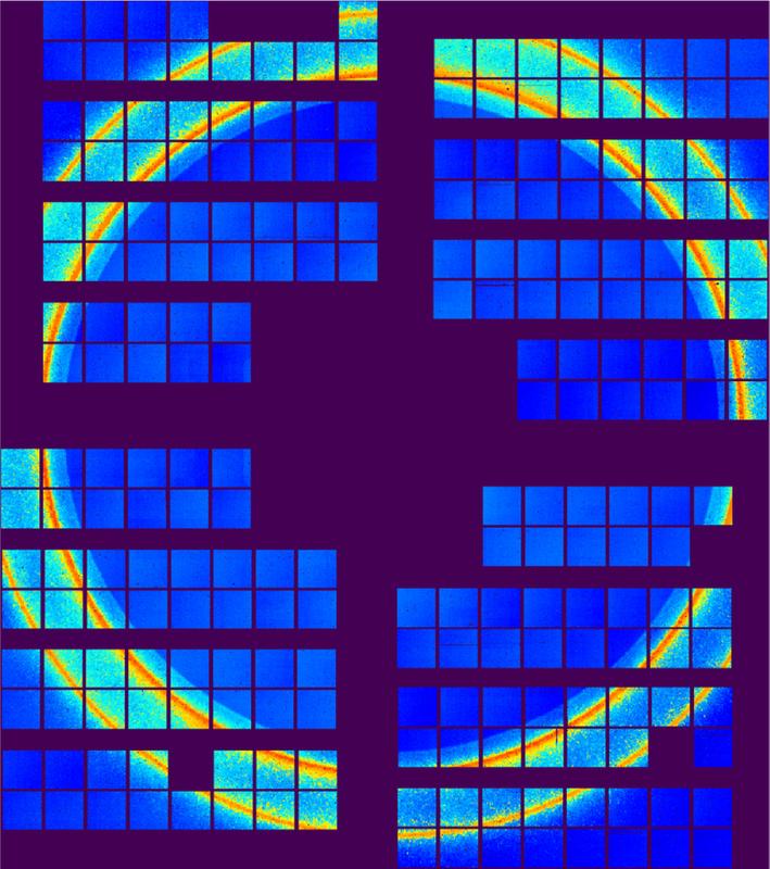 The diffraction pattern results from 34,000 single-pulse x-ray exposures of a krypton jet shortly after the onset of crystal nucleation. The rings indicate x-ray scattering from specific molecular planes within the small crystals. (© European XFEL)