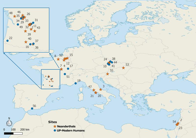 Sites where the studied teeth were found: orange stars indicate Neanderthal finds; blue dots indicate modern human finds from the Upper Paleolithic Age.