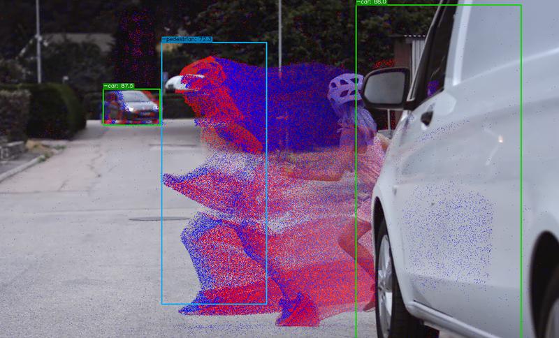 The image shows both color information from the color camera and events (blue and red dots) from the event camera generated by a pedestrian running