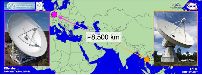 Radio telescopes used in this VLBI experiment: Right, the 40-m TNRT and left, the Effelsberg 100-m radio telescope. The two radio telescopes are separated by a distance of 8,500 km and when combined they have the resolution of single 8,500 km-wide dish.