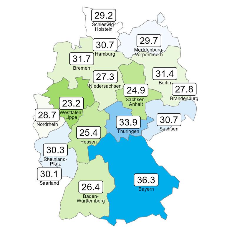 Regionale Unterschiede in der Ergebnisqualität palliativer Versorgung: Anteile der 2016-2021 verstorbenen und zuvor palliativ versorgten BARMER-Versicherten, die im Krankenhaus verstorben sind.