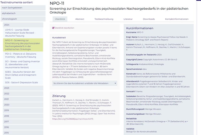 Chronological list of the new tests from 2024 in Leibniz Institute for Psychology's (ZPID) Open Test Archive. 