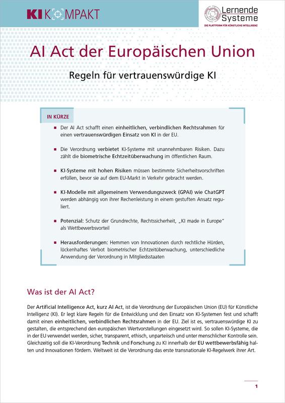 Die Plattform Lernende Systeme erklärt kurz und knapp den AI Act der EU.