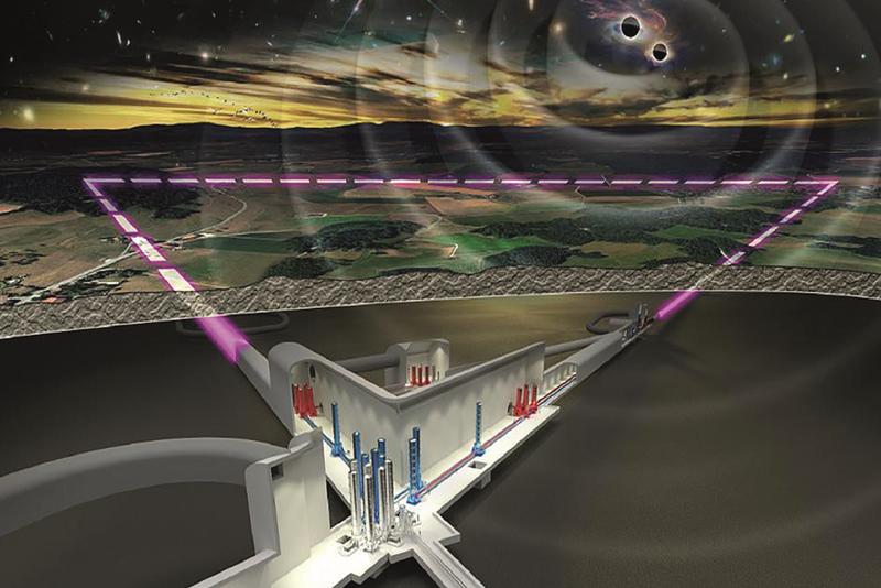 Das Einstein-Teleskop wird etwa 250 m unter der Erde gebaut. Mit Interferometern in den drei Tunneln von jeweils zehn Kilometern Länge soll es Kollisionen von schwarzen Löchern im frühen Universum messen.