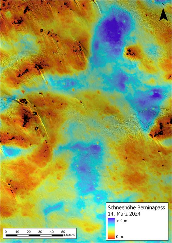 Snow depths on the Bernina Pass in mid-March: The area at the top left could be suitable for photovoltaic systems. Further to the right, the situation is unfavourable due to the large snow depths. The dark dots in the centre left are stones with cornices.