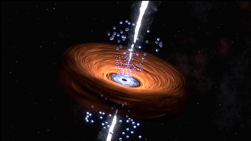 Künstlerische Darstellung eines Quasars mit Jets und Staub-Torus