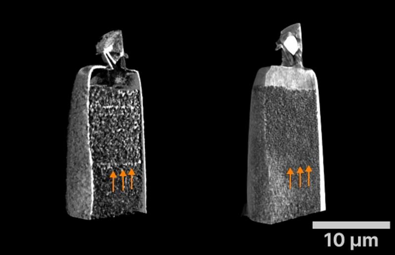 3D representation of the gold structure based on the dark field images (left) and the attenuation images (right). 