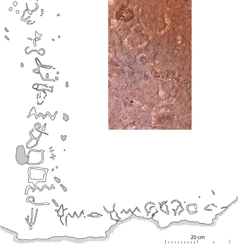 Die Inschrift in einer Mine erweist sich als Kultort des Gottes El. Daneben eine Umzeichnung der Schriftzeichen. 