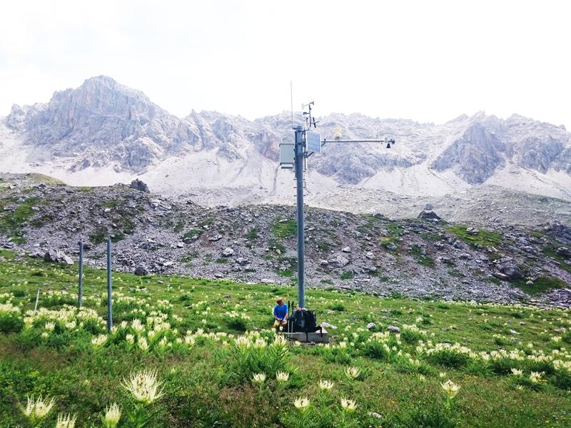 An SLF employee records vegetation data at an IMIS station in the Bäretälli near Davos.