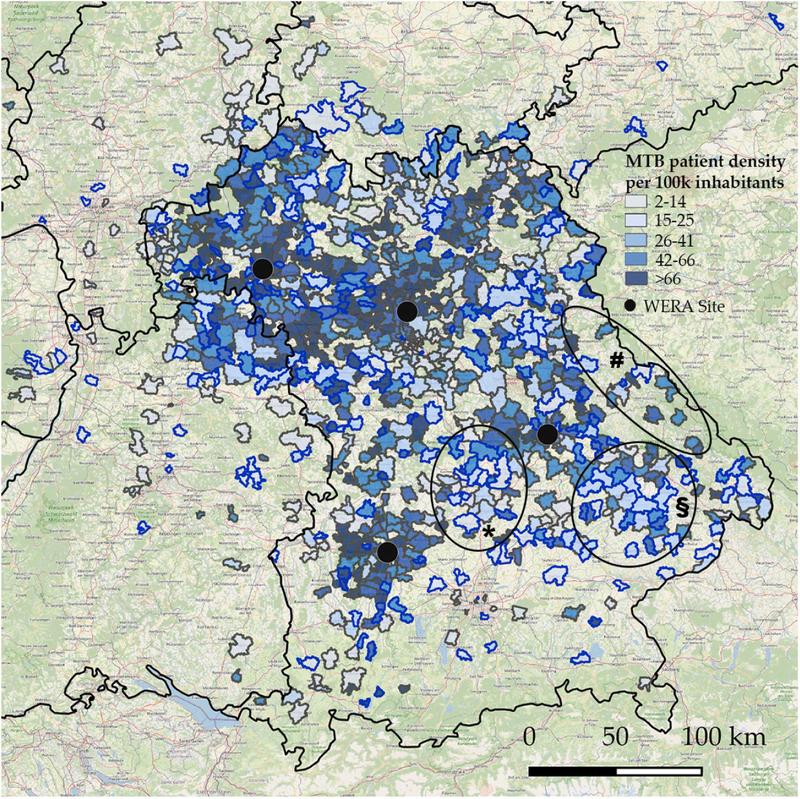 Die Karte Bayerns verrät Regionen mit einer guten Anbindung an WERA Zentren – jedoch auch „weiße Flecken“, die möglicherweise einen Nachholbedarf bei der Versorgung mit Präzisionsonkologie aufweisen. 