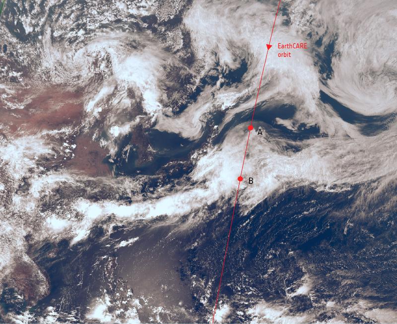 Bild desselben Wolkensystems, das vom meteorologischen Satelliten Himawari-9 in einer geostationären Umlaufbahn beobachtet wurde, überlagert mit der Umlaufbahn von EarthCARE.