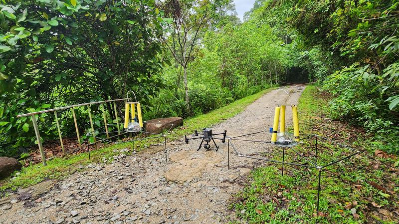 The Brazilian Team won the semifinals in Singapore against strong competition. The photo shows two stations with recording devices, which were transported up into the treetops by the drone shown in the centre. 