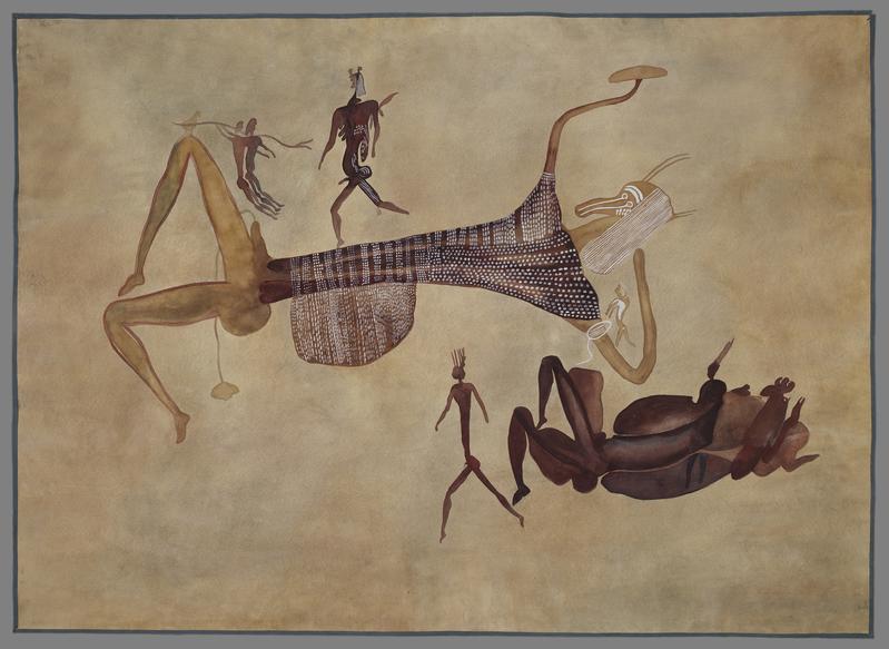 2)	"Reclining man with horned mask": This copy of a rock painting from Zimbabwe, Rusape (place of discovery: Diana Vow), was made by artist Agnes Schulz in 1929. (Watercolor on paper, 105.5 × 147 cm, Frobenius Institute FBA-D3 01622-b)